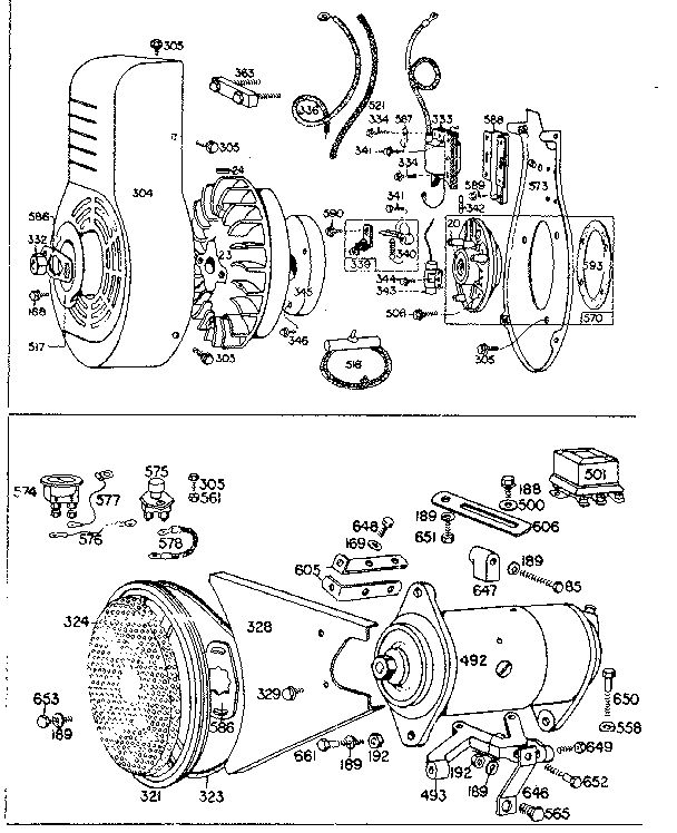 Generator Starter And Flywheel Assembly Diagram and Parts List for 23C-B 707000 - 707028 Briggs and Stratton Engine